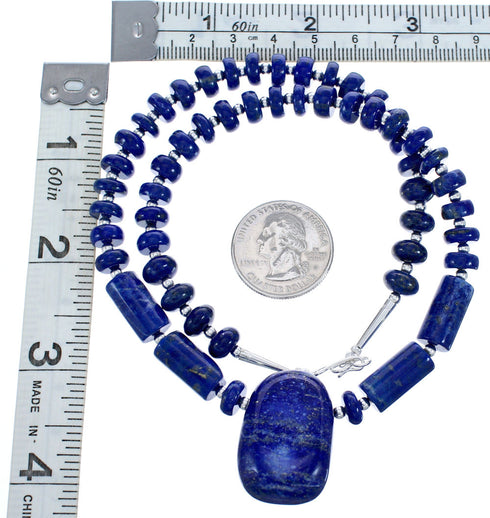 Southwest Sterling Silver Lapis Bead Necklace And Pendant KX120894